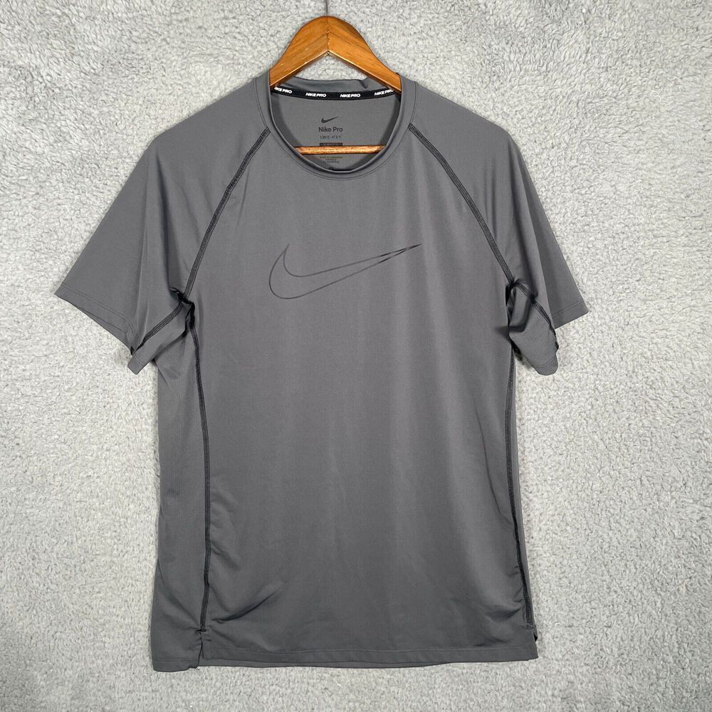 Nike Pro T-Shirt Men L Gray Slim Stretch Short Sleeve DRI-FIT Training